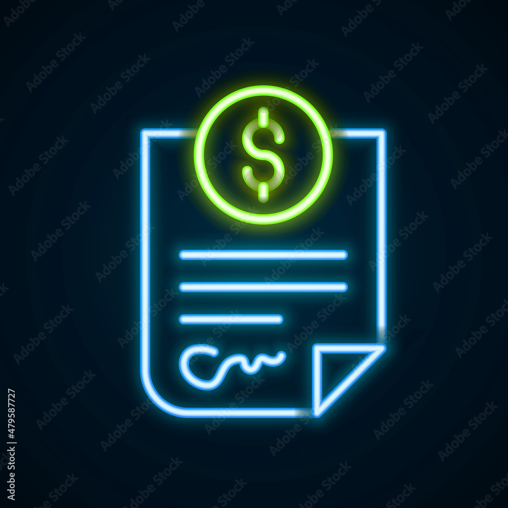 Glowing neon line Contract money icon isolated on black background. Banking document dollar file finance money page. Colorful outline concept. Vector Glowing neon line Contract money icon isolated on black background. Banking document dollar file finance money page. Colorful outline concept. Vector