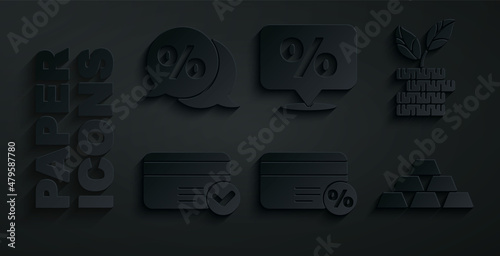 Set Discount card with percent, Dollar plant, Credit, Gold bars, tag and icon. Vector