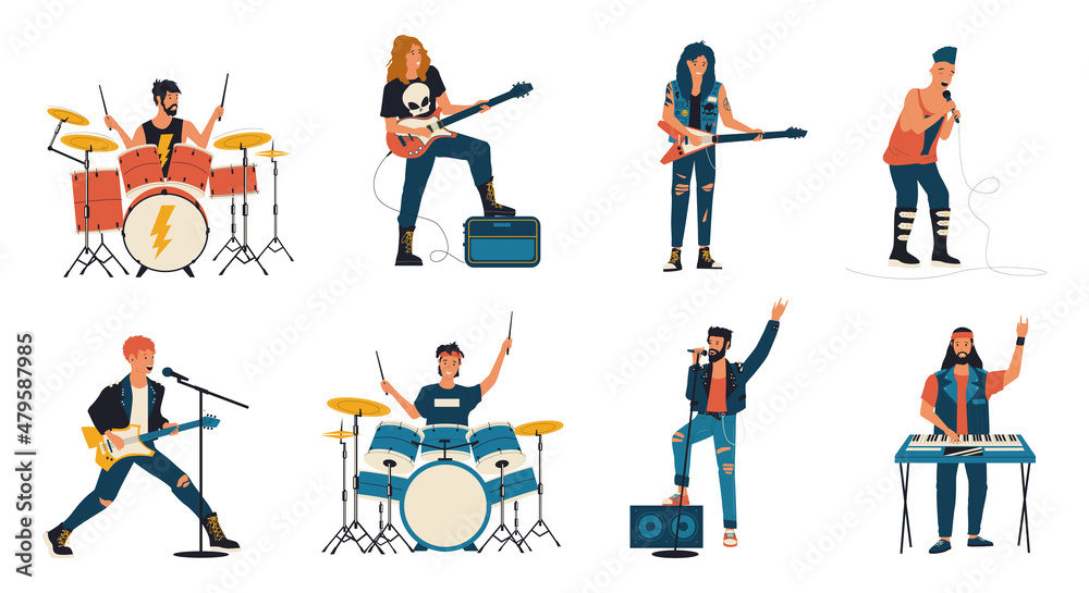 Rock band characters. Cartoon guitar player, vocalist and drummer playing rock music, metal band members. Vector competition rock show isolated set