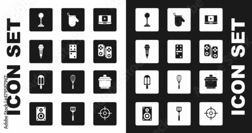 Set Online play video, Domino, Microphone, Joystick for arcade machine, Gamepad, Oven glove, Cooking pot and Ice cream icon. Vector