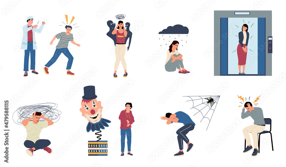 Phobia. Cartoon scared and obsessed with fear people, panic and nervous horrified persons. Vector characters with scared expressions