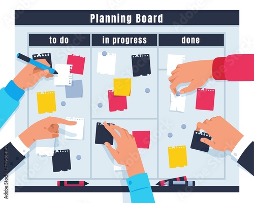 Scrum task board. Ream project collaboration, cartoon hands pointing on kanban board with tasks. Vector agile planning concept
