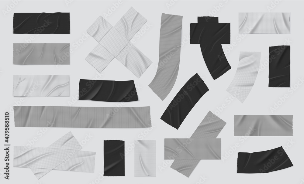 Fototapeta premium Duct tape. Realistic black and grey adhesive bandage, sticky isolated strip piece, torn duct tape. Vector isolated set