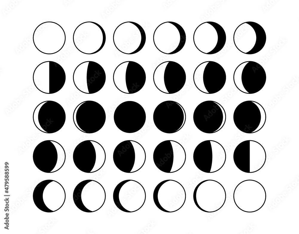 Moon phase. Half shape lunar cycle, Moon silhouette calendar concept, crescent and eclipse cosmos symbols. Vector set