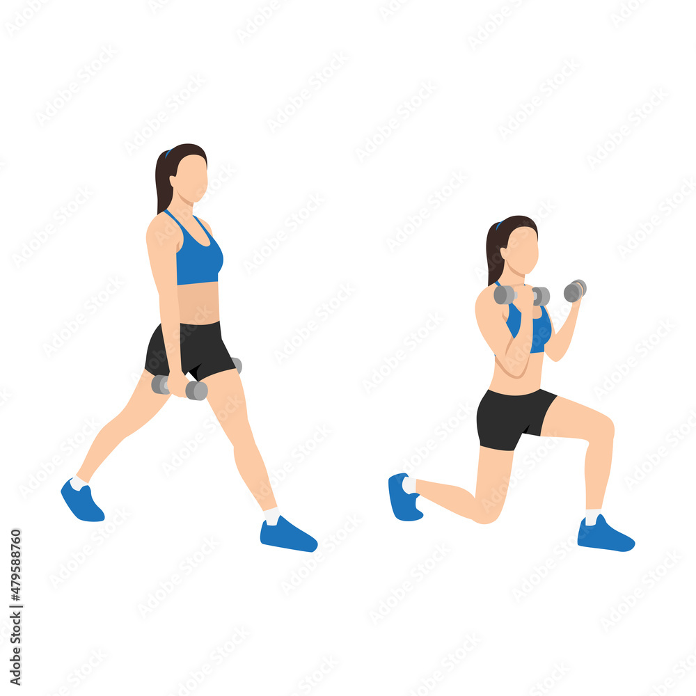 Woman doing Split squat curl exercise. Flat vector illustration isolated on white background Woman doing Split squat curl exercise. Flat vector illustration isolated on white background