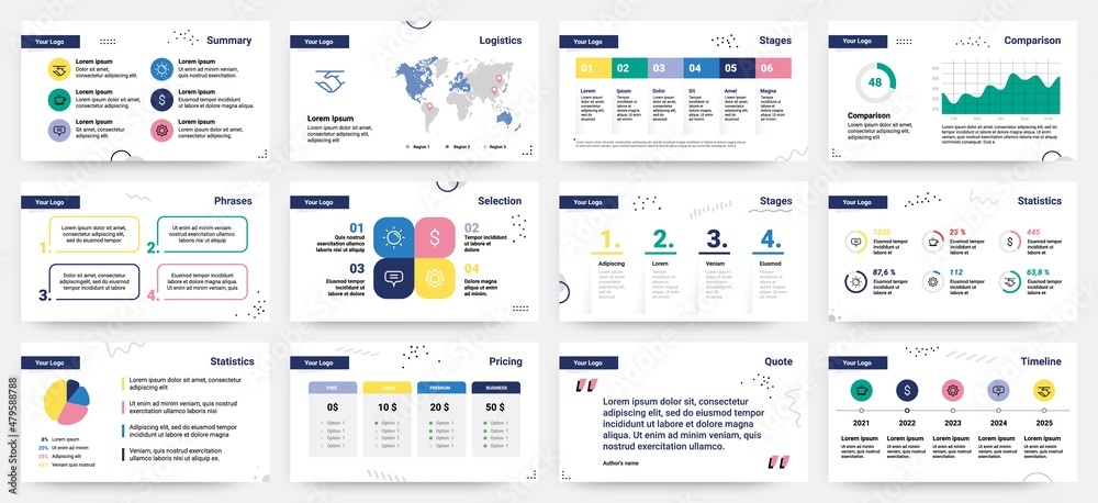 Presentation pages. Creative infographic slide, corporate advertising business layout. Vector modern presentation design mockup