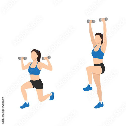 Woman doing Reverse lunge shoulder press exercise. Flat vector illustration isolated on white background