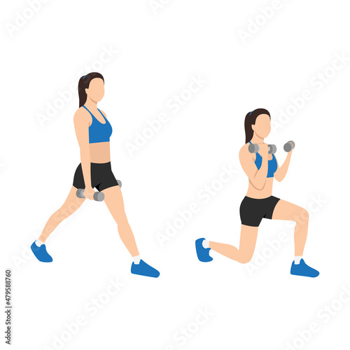 Woman doing Split squat curl exercise. Flat vector illustration isolated on white background