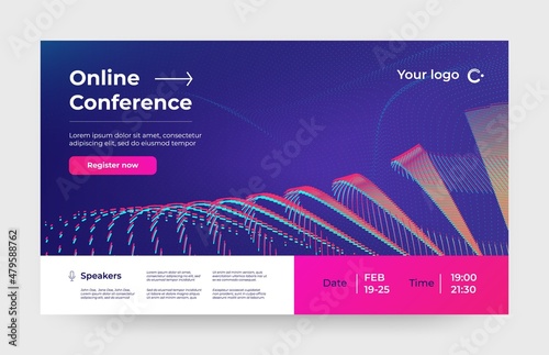 Webinar conference. Online meeting invitation poster, web media event and lecture promotion. Vector business summit invitation