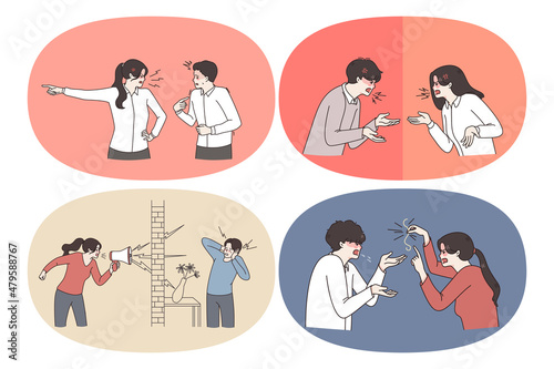 Conflicts in couple Relations concept. Set of young couples swearing shouting at each other having misunderstanding and communication problems vector illustration 