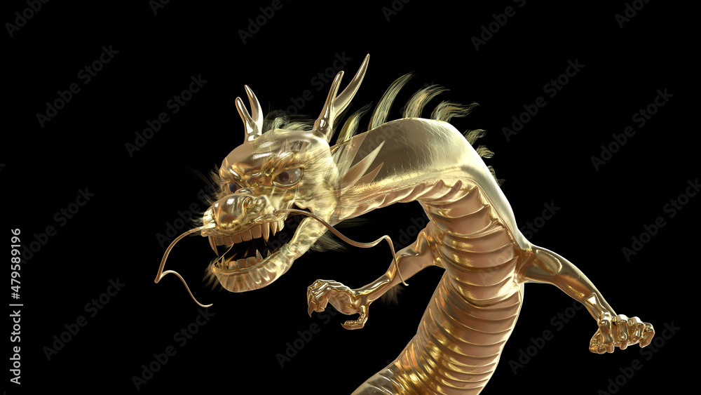 Perspective view of gold dragon in smart pose with 3d rendering include alpha clipping path. Chinese golden dragon 3d rendering Perspective view of gold dragon in smart pose with 3d rendering include alpha clipping path. Chinese golden dragon 3d rendering