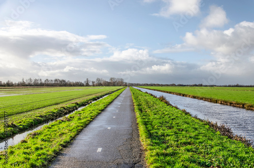 Narrow asphalt bicycle path in Krimpenerwaard polder in the Netherlands