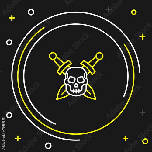 Line Crossed medieval sword with skull icon isolated on black background. Medieval weapon. Colorful outline concept. Vector