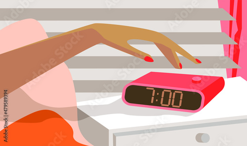 Morning bedroom interior wake up black girls hand pushing on snooze button vector