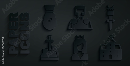 Set Princess, Torch flame, Sword the stone, Castle, fortress, Medieval knight and Old money bag icon. Vector