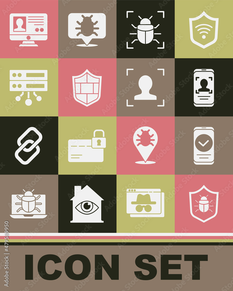 Set System bug, Smartphone, Mobile and face recognition, Shield with brick wall, Server, Data, Web Hosting, Create account screen and Face icon. Vector