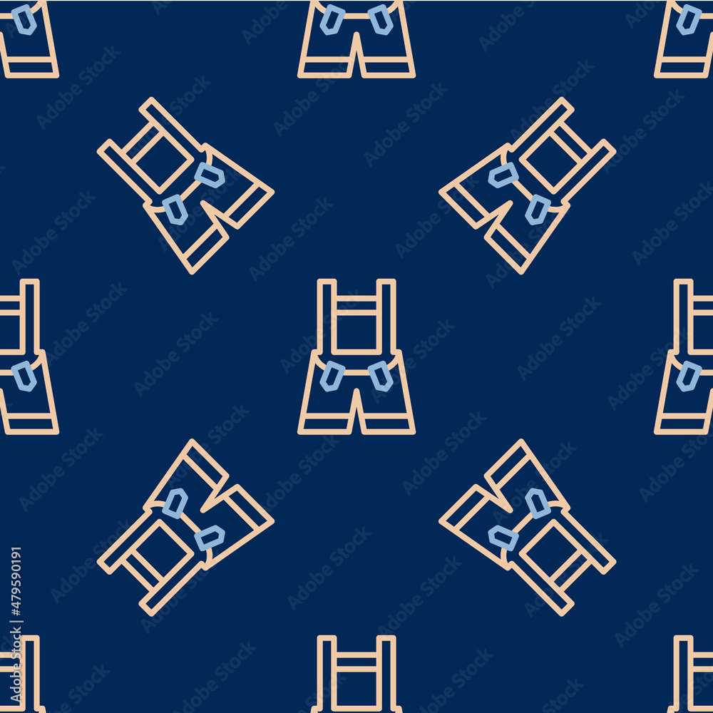 Obraz premium Line Lederhosen icon isolated seamless pattern on blue background. Traditional bavarian clothing. Oktoberfest outfit. Pants with suspenders. Patrick day. Vector