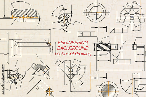 Mechanical engineering drawings on light background. Tap tools, borer, cutting tools, milling cutter. Technical Design. Cover. Blueprint. Vector illustration.