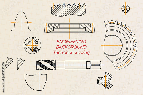 Mechanical engineering drawings on light background. Tap tools, borer, cutting tools, milling cutter. Technical Design. Cover. Blueprint. Vector illustration.