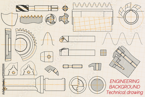 Mechanical engineering drawings on light background. Tap tools, borer, cutting tools, milling cutter. Technical Design. Cover. Blueprint. Vector illustration.