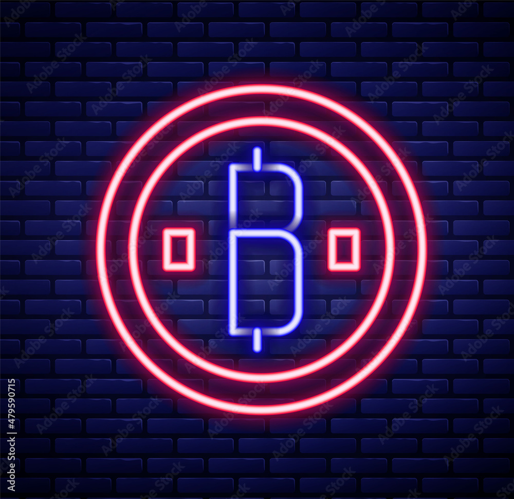 Glowing neon line Cryptocurrency coin Bitcoin icon isolated on brick wall background. Physical bit coin. Blockchain based secure crypto currency. Colorful outline concept. Vector