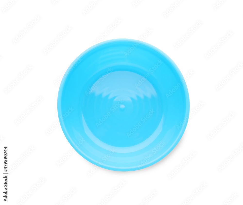 Plastic plate isolated on white, top view. Serving baby food Plastic plate isolated on white, top view. Serving baby food