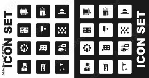 Set Elegant women hat, Wood cricket bat and ball, Flag of Great Britain, Wooden barrel, Water drop, beer mug, Fish chips and London eye icon. Vector