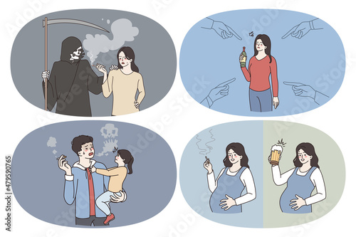 Bad habits and addictions concept. Set of young people father and pregnant woman addicted to cigarettes alcohol with public condemnation living unhealthy lifestyle vector illustration 