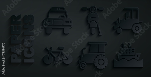 Set Tractor, Bicycle, Cruise ship, Scooter and Police car and flasher icon. Vector