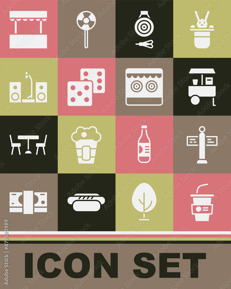 Set Paper glass with water, Road traffic signpost, Fast street food cart, Classic dart board and arrow, Game dice, Home stereo two speakers, Ticket box office and Shooting gallery icon. Vector Set Paper glass with water, Road traffic signpost, Fast street food cart, Classic dart board and arrow, Game dice, Home stereo two speakers, Ticket box office and Shooting gallery icon. Vector