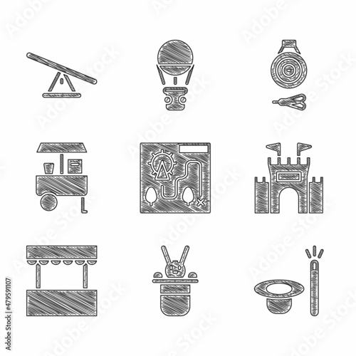 Set Amusement park map, Magician hat and rabbit, wand, Castle, Ticket box office, Fast street food cart, Classic dart board arrow and Seesaw icon. Vector