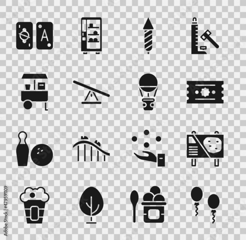 Set Balloons, Amusement park billboard, Ticket, Firework rocket, Seesaw, Fast street food cart, Tarot cards and Hot air balloon icon. Vector