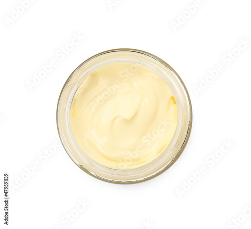 Jar of delicious mayonnaise isolated on white, top view