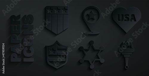 Set Hexagram sheriff, USA Independence day, Shield with stars, Torch flame, and icon. Vector