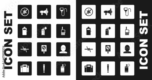 Set Walkie talkie, Paint spray can, Police assault shield, Protest, Megaphone, Vandal and Barbed wire icon. Vector