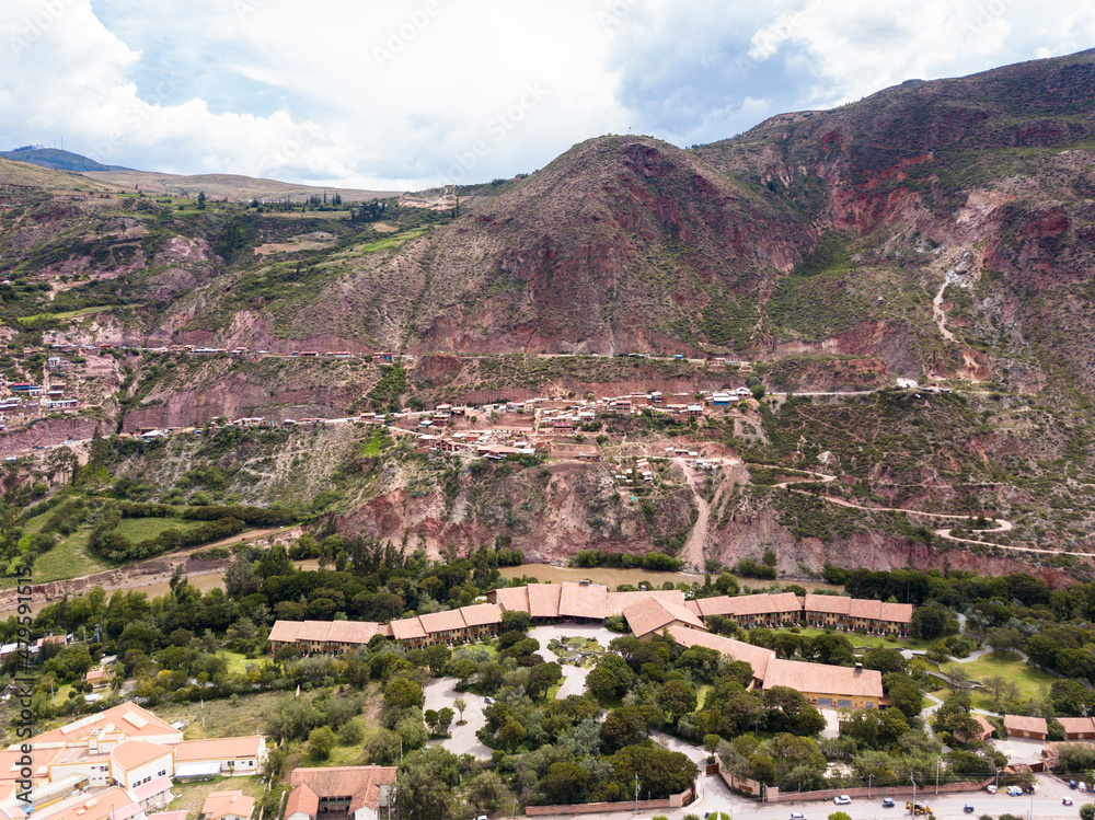 View of aerial Urubamba city in the Sacred Valley of Peru. City in the Peruvian Andes in Cusco.