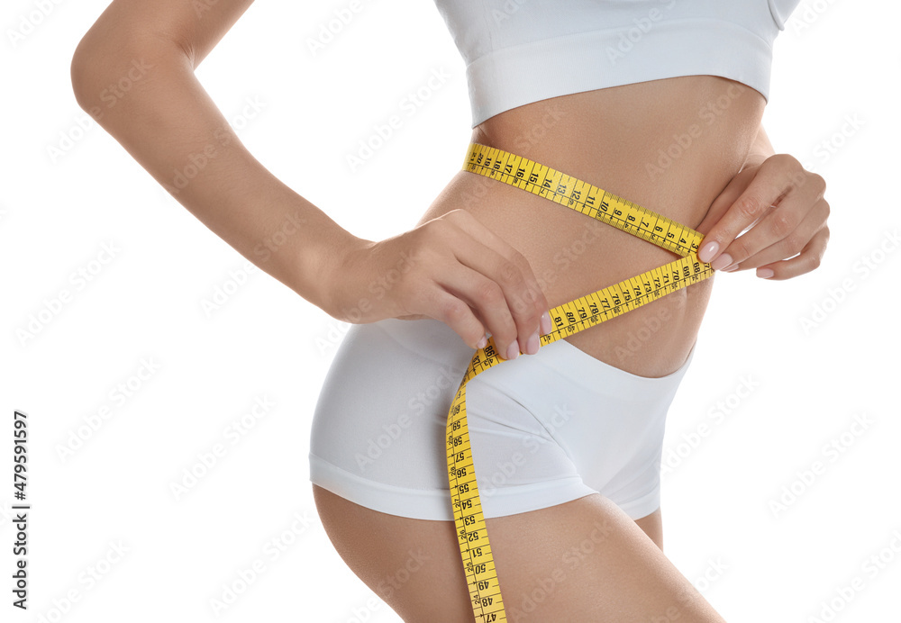 Closeup Of Tape Measure Around Woman Waist Stock Photo, Picture and Royalty  Free Image. Image 8374618.