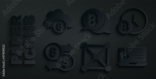 Set Blockchain technology, Bitcoin with clock, Cryptocurrency exchange, Mining bitcoin from laptop, and cloud mining icon. Vector