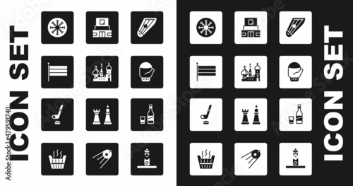 Set Kankles, Saint Basil's Cathedral, National Russia flag, Snowflake, Christmas mitten, Mausoleum of Lenin, Bottle vodka with glass and Ice hockey stick and puck icon. Vector