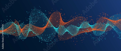 Abstract technological background, free wave design, ice and flame. Dot, star texture, gradient blue, sound wave, connection elements. Information network. Vector. Banner for social networks, medicine
