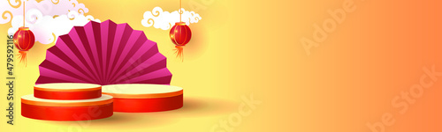 Podium round stage podium and paper art Chinese new year, happy festival chinese tradition podium for beauty branding cosmetic or any product.Concept Shopping .
