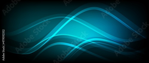 Neon abstract background. Luminous wave design. Chaotic curved lines, sea wave pattern. LED strip. Dright glow. Gradient color transitions. Vector illustration. Poster technology, social networks