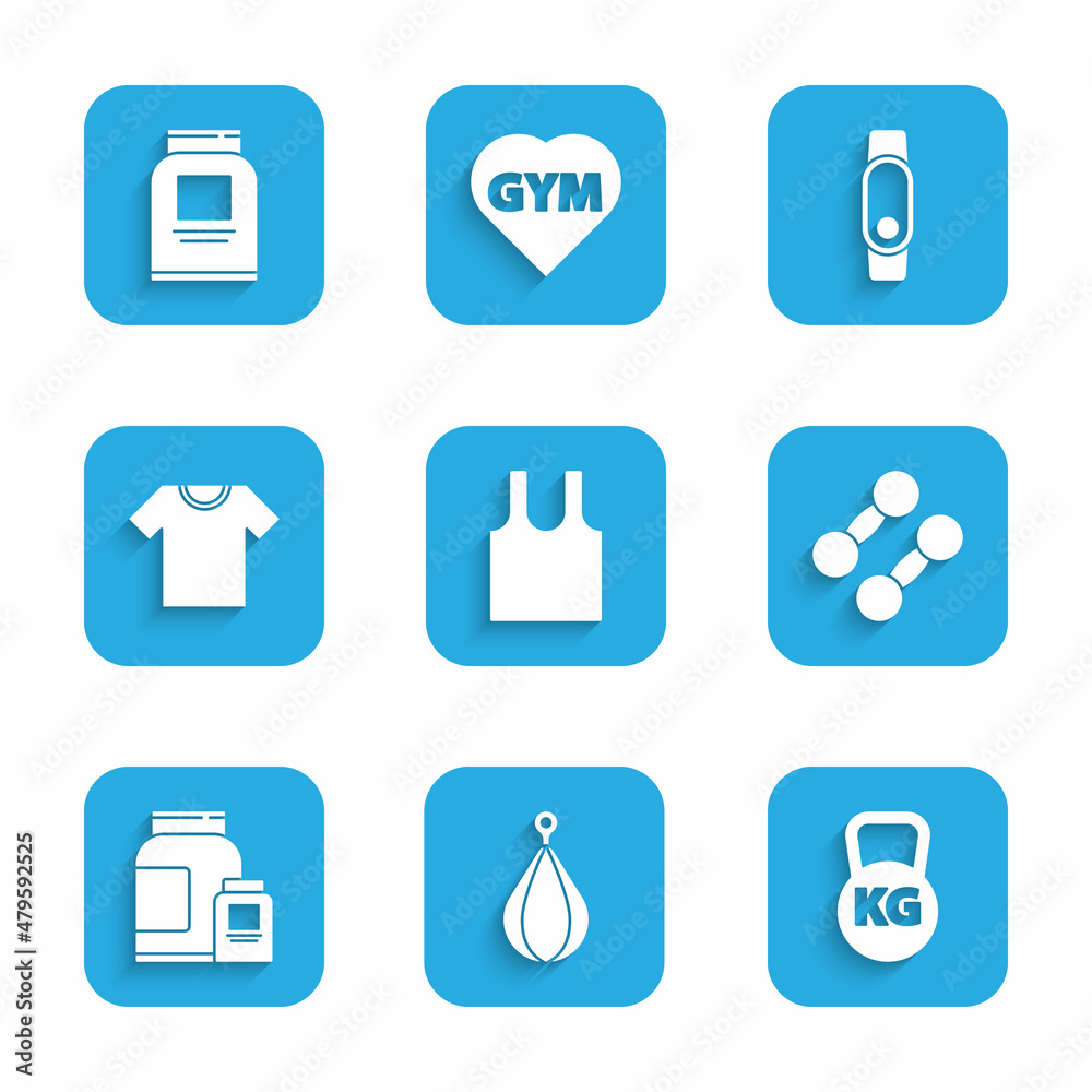Set Sleeveless T-shirt, Punching bag, Kettlebell, Dumbbell, Sports nutrition, Smartwatch and icon. Vector Set Sleeveless T-shirt, Punching bag, Kettlebell, Dumbbell, Sports nutrition, Smartwatch and icon. Vector
