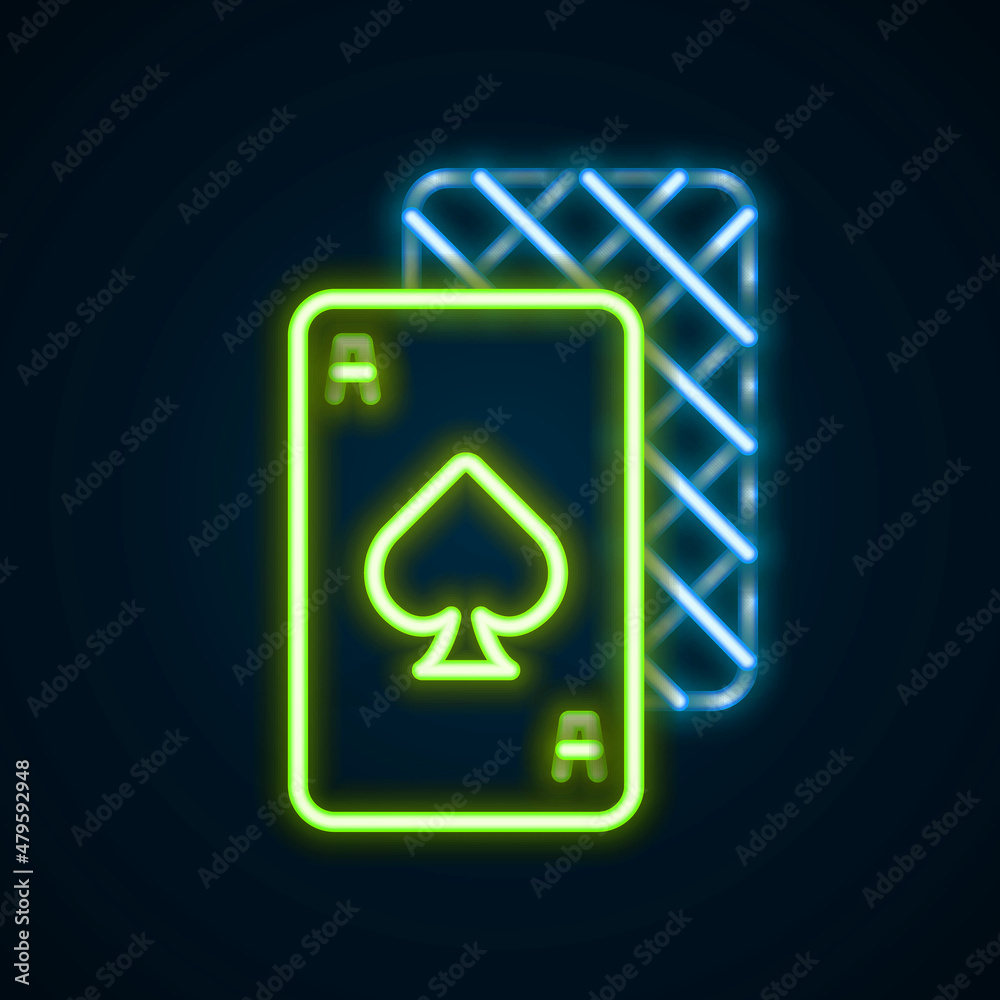 Glowing neon line Playing cards icon isolated on black background. Casino gambling. Colorful outline concept. Vector Glowing neon line Playing cards icon isolated on black background. Casino gambling. Colorful outline concept. Vector