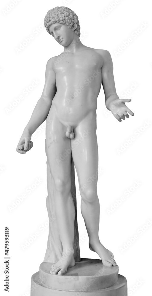 Ancient white marble full length sculpture of naked young man. Antique classic statue of youngster isolated on white. Stone figure of teenager Ancient white marble full length sculpture of naked young man. Antique classic statue of youngster isolated on white. Stone figure of teenager