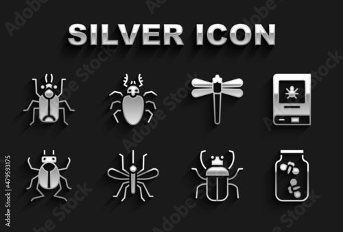 Set Mosquito, Book about insect, Fireflies bugs jar, Stink, Beetle, Dragonfly, and deer icon. Vector