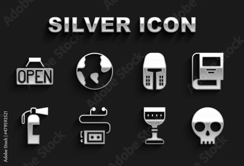 Set Museum audio guide, History book, Human skull, Medieval goblet, Fire extinguisher, iron helmet, Hanging sign with Open and Earth globe icon. Vector