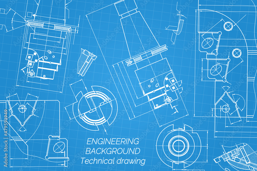 Mechanical engineering drawings on blue background. Tap tools, borer. Technical Design. Cover. Blueprint. Vector illustration. Mechanical engineering drawings on blue background. Tap tools, borer. Technical Design. Cover. Blueprint. Vector illustration.