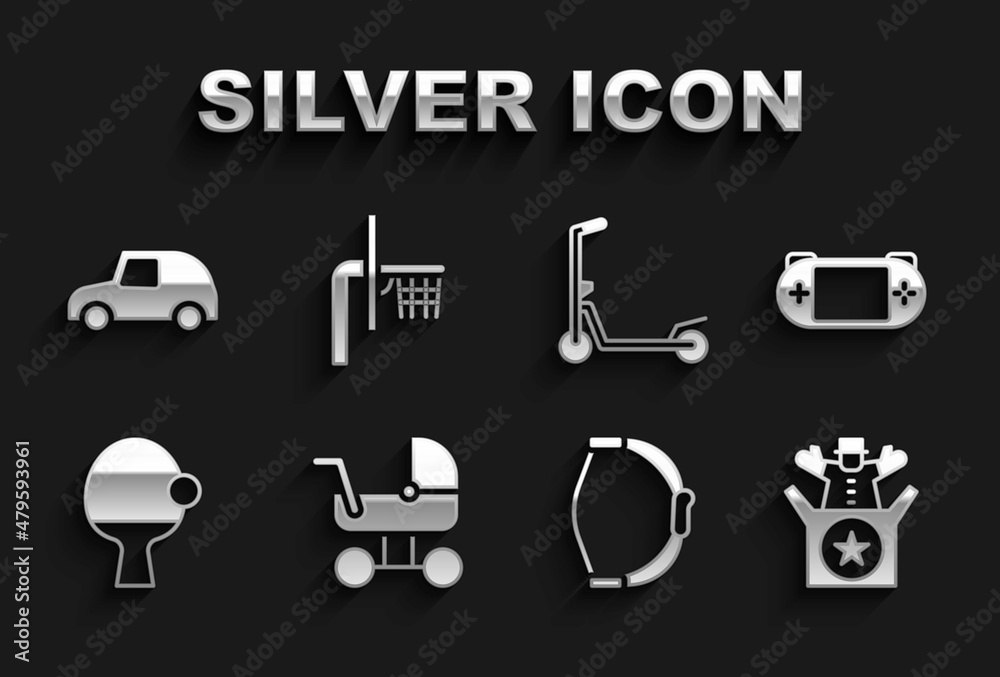 Set Baby stroller, Portable video game console, Jack in the box toy, Bow, Racket and ball, Scooter, Toy car and Basketball backboard icon. Vector Set Baby stroller, Portable video game console, Jack in the box toy, Bow, Racket and ball, Scooter, Toy car and Basketball backboard icon. Vector