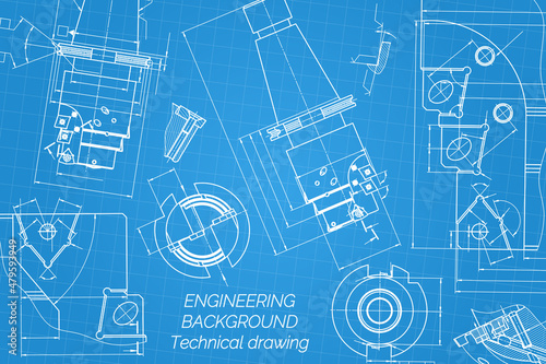 Mechanical engineering drawings on blue background. Tap tools, borer. Technical Design. Cover. Blueprint. Vector illustration.